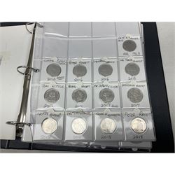 Mostly Queen Elizabeth II fifty pence coins, many being United Kingdom, including 1994 'D-Day', 1998 'NHS', 2006 'Victoria Cross', 2016 'Swimming', 2016 'Beatrix Potter', 2018 'Mrs Tittlemouse' etc, housed in a ring binder folder 