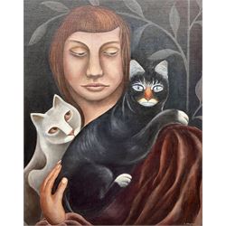 Jerzy Marek (Polish 1925-2014): 'Triangle' - Lady with Cats, oil on canvas board signed, titled and dated 1980 verso 49cm x 40cm 
Provenance: exh. Tib Lane Gallery Manchester, June 1982, label verso