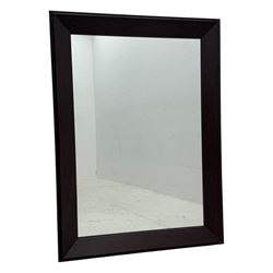 Contemporary dark-stained rectangular wall mirror, wide bevelled wooden frame with a smooth finish and mitred corners, backed with a plain board fitted with hanging loops