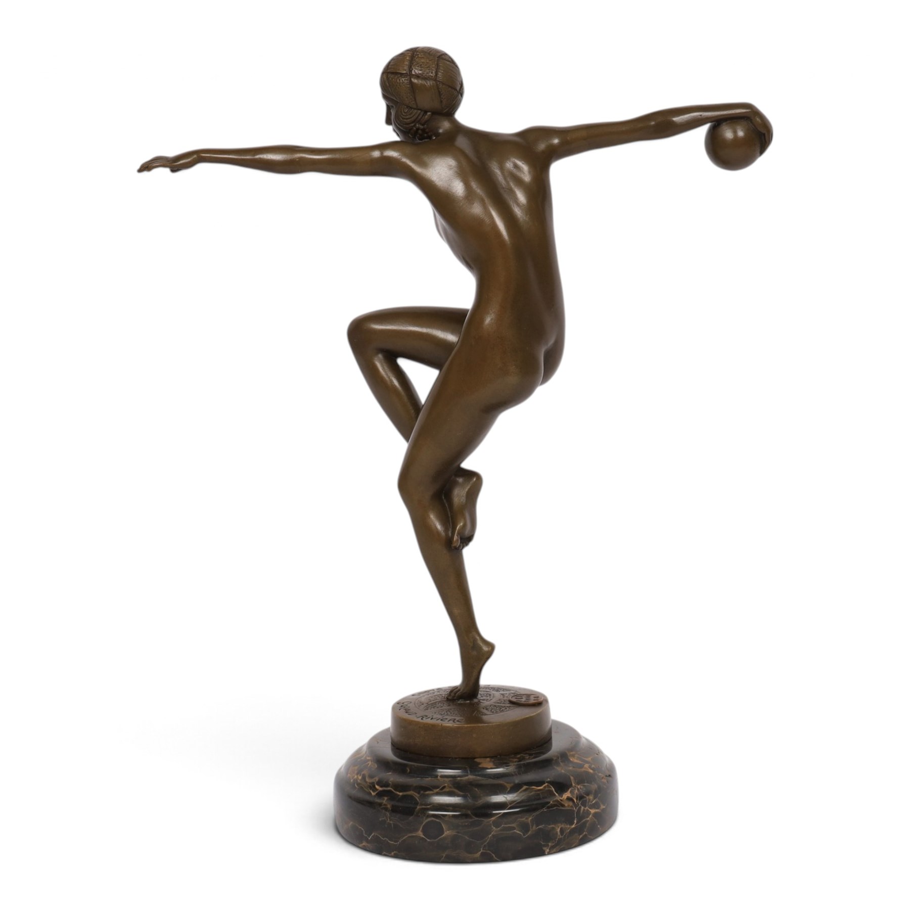After Guiraud Riviere - The ball dancer, bronze of a female nude upon a marble base, H35cm 