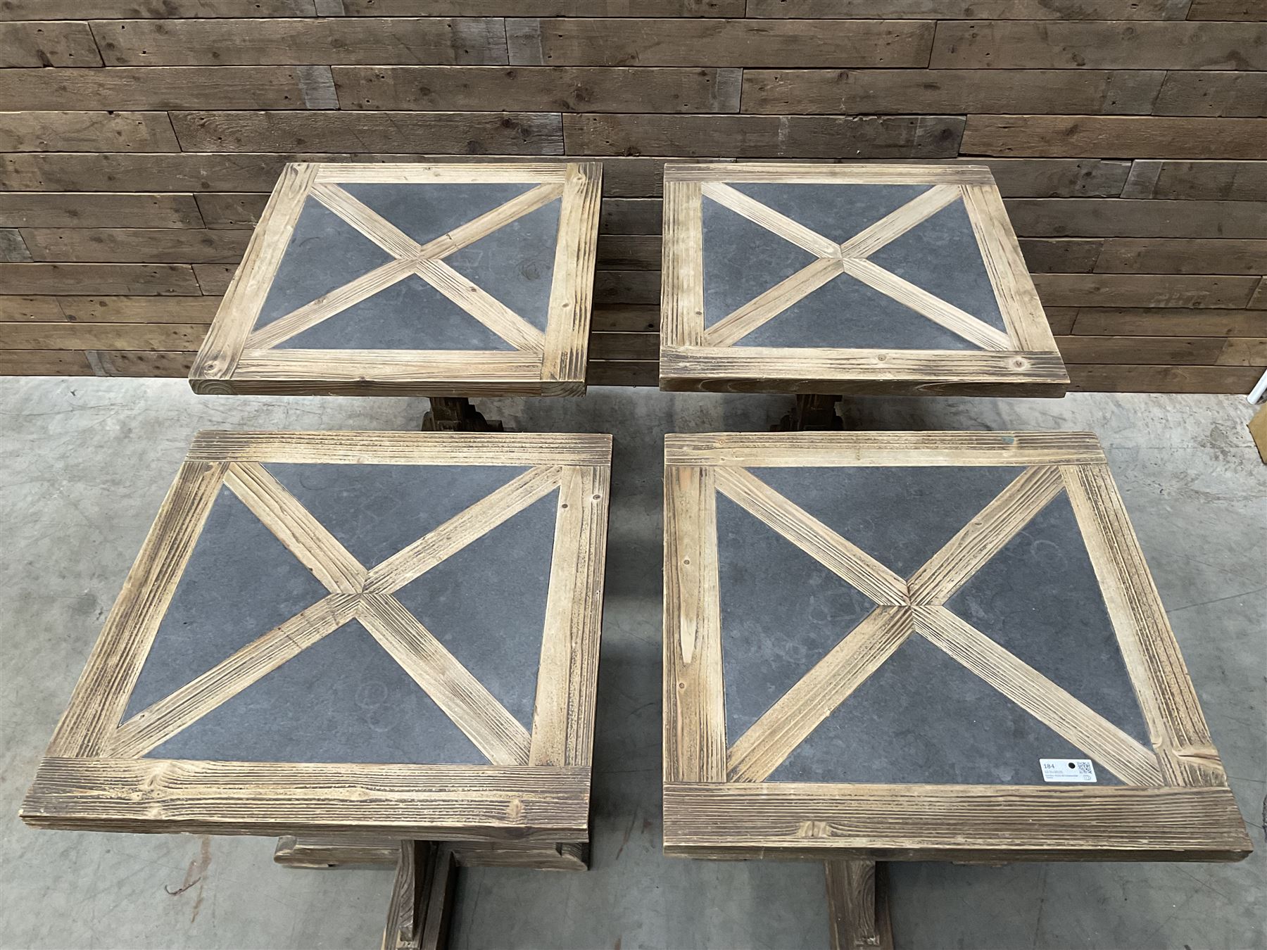 4 x Rustic square restaurant bistro table, parquetry top, X shaped base