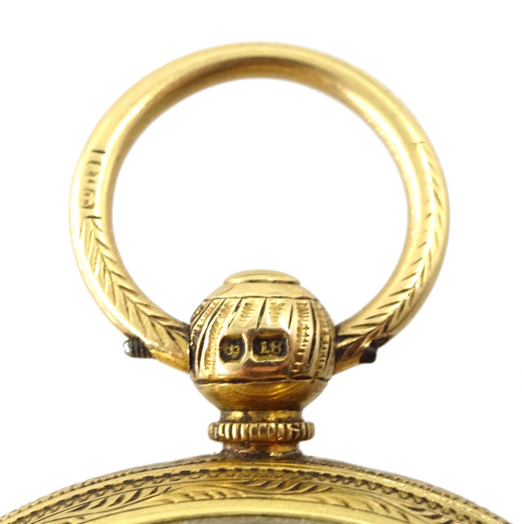 Victorian 18ct gold open face English lever ladies pocket watch by Robert Sutton, Whitehaven, No. 95098, white enamel dial with Roman numerals, case by Rotherham & Sons, Birmingham 1891, in original velvet and silk lined case