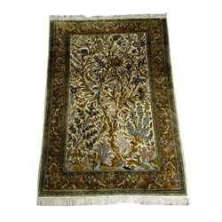  Persian multicoloured silk and wool Tree of Life design rug, the field with flowers and animal motifs, guarded floral and bird decorated border, 155cm x 110cm  