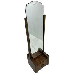 Art Deco period figured walnut cheval dressing mirror, bevelled glass with shaped top, single drawer to base