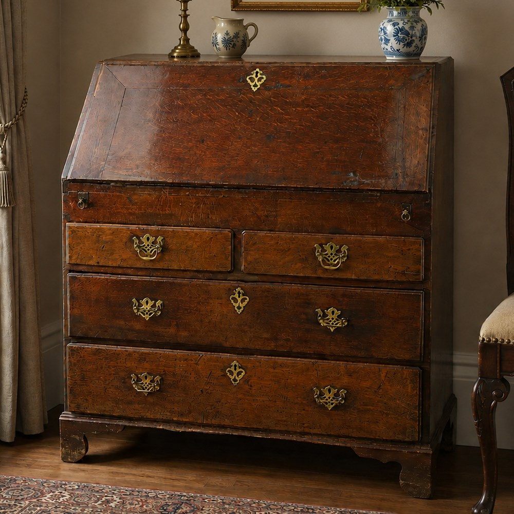 Georgian oak bureau, fall front with pierced brass escutcheon and handles, revealing a fitted interior, above two short over two long drawers, raised on bracket feet