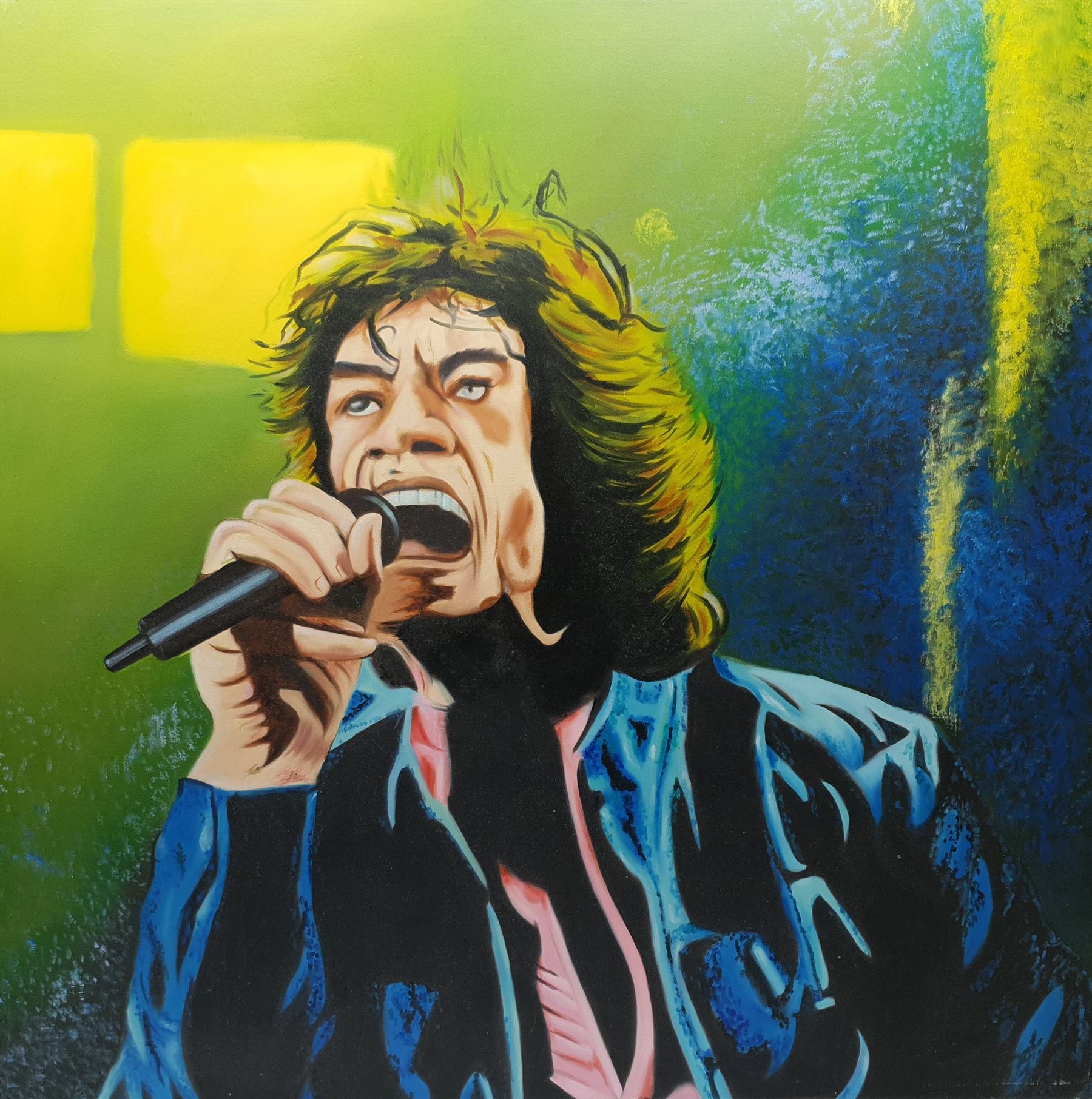 Peter J Bailey (British 1951-): Jazz Series - Mick 'Jagger', oil on canvas signed and inscribed verso 99cm x 99cm (unframed)