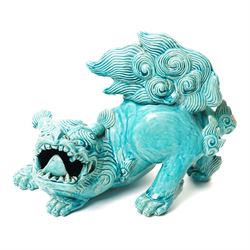 Early 19th century Chinese Tek Sing cargo saucer dish with Nagel Auctions label D18.5cm Chinese, Kangxi blue and white square section vase H24cm and a turquoise glazed Dog of Fo L26cm (3)