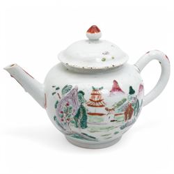 Small 18th century Chinese tea bowl and saucer decorated with ducks in flight and on a river bank, early 19th century Chinese tea pot decorated with landscapes, three small bowls and other Chinese items