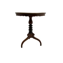 19th century mahogany tripod table, the circular tilt top with shaped skirt, on turned column with three splayed supports
