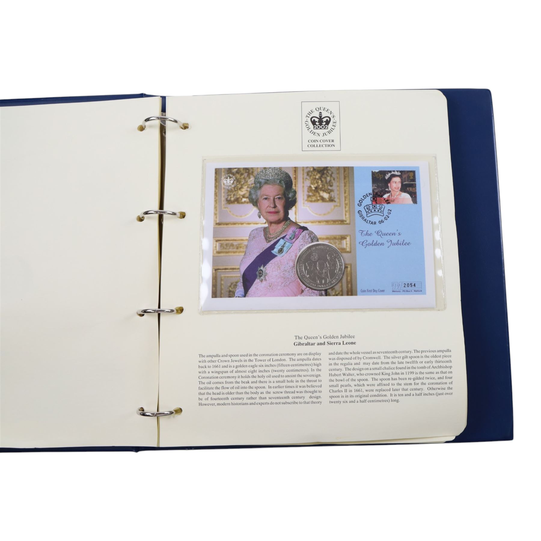 Approximately 104 Royal Mail Royal Mint coin or medallion covers, housed in an official Royal Mail Royal Mint ring binder folder and loose, together with The Queen's Golden Jubilee Coin Cover Collection in two albums, commemorative fifty pences, crowns, etc