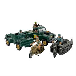 Collection of diecast dumper trucks, lorries, cement mixer, etc including Tonka and Britains examples, together with Britains Deetail soldiers and military vehicles, including SWB Land Rover and Kettenkrad