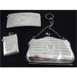 Edwardian silver card case, curved with bright cut scroll decoration by Samuel M Levi Birmingham 1905, 8.5cm, a silver purse initialled VH 1915, leather divided interior and a Victorian silver vesta (3)  
