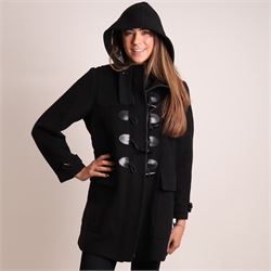 Burberry Brit - black wool duffle coat, with hood, leather toggle fastenings, flap pockets and signature check wool lining, size UK 16