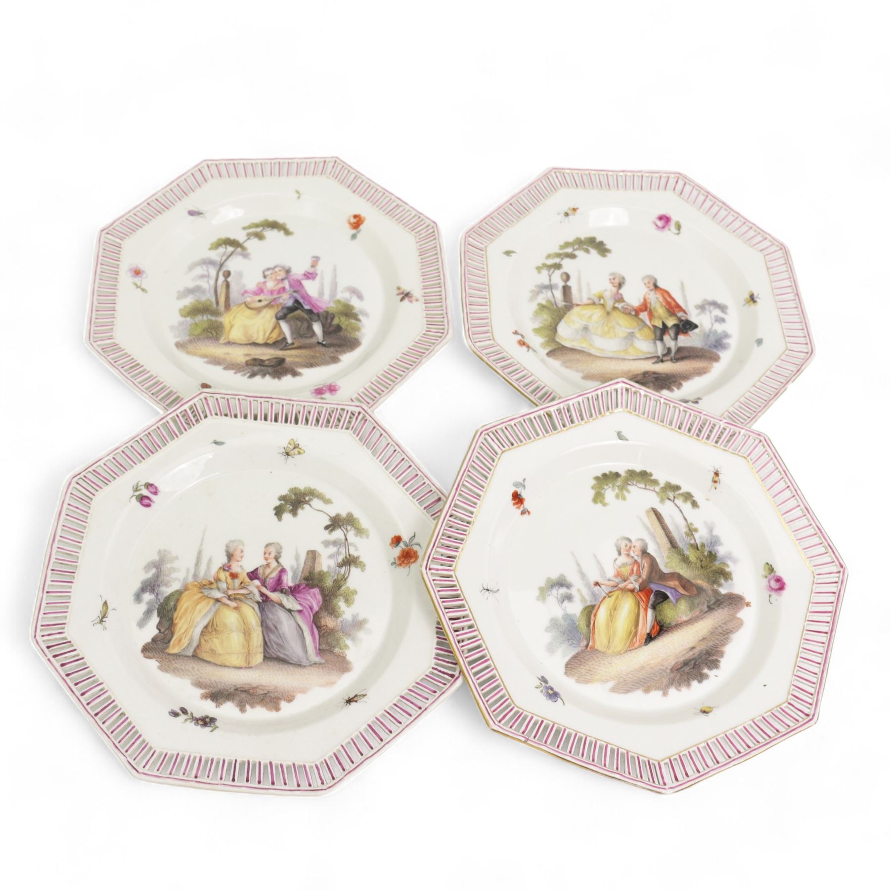 Set of six 19th century Berlin octagonal plates and a pair of two handled baskets, with pierced designs and decorated with couples in landscapes, plates D21cm, baskets, D23cm (8)