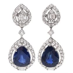 Pair of 18ct white gold pear shaped sapphire, round brilliant cut and baguette cut diamond pendant stud earrings, stamped 18K, total sapphire weight approx 4.10 carat, total diamond weight approx 0.95 carat