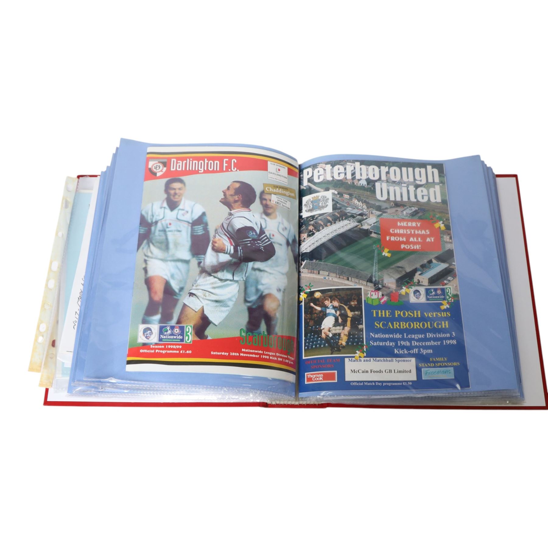 Comprehensive collection of approximately one-hundred and seventy Scarborough FC football programmes for the 1996/97, 1997/98 and 1998/99 seasons, all filed within six dedicated Scarborough FC red Home and Away binders