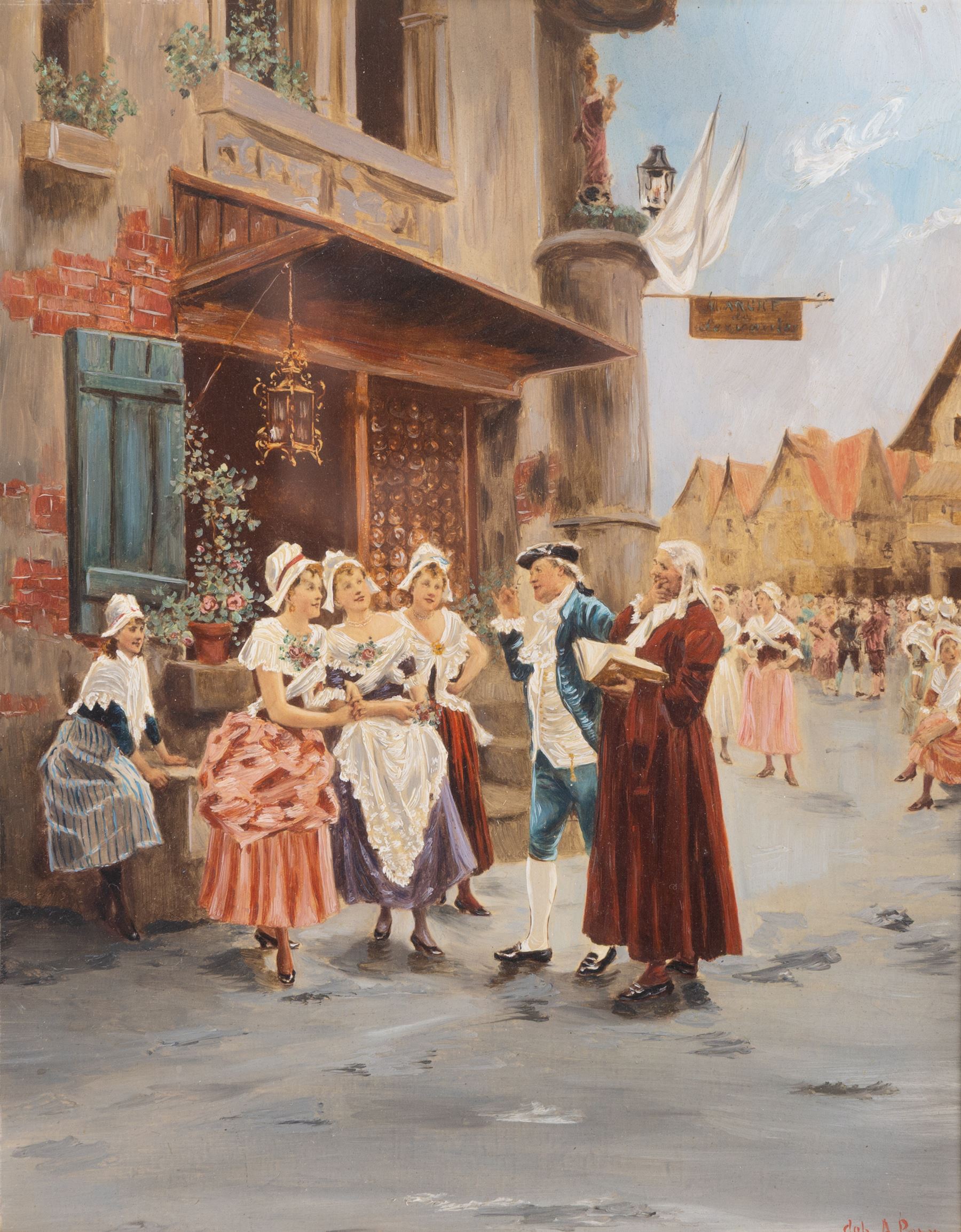 Continental School (20th Century): The Painter of Signs and Dutch Girls, pair overpainted prints on panel indistinctly signed 28cm x 20cm (2)