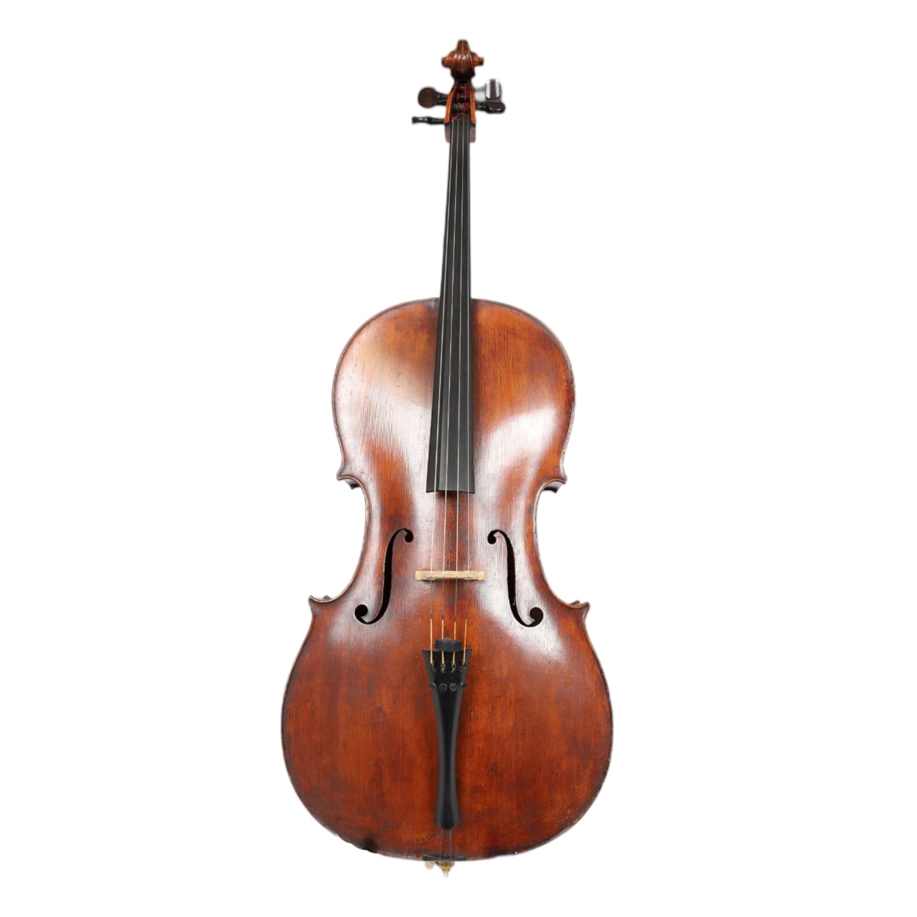 Early 19th century English cello by Samuel Gilkes of London, circa 1820, with two piece back and pine table finished in a golden brown varnish, certificate of authenticity from D.R Hill & Son, Buckinghamshire, numbered H494 in their records, in Hiscox hard case, with two horse hair cello bows, the first an English example stamped Ferranda Millars Liverpool, the second a German example stamped R. Paesold, both with ebonised mother of pearl/abalone frogs and ivory tip plates
This item has been registered for sale under Section 10 of the APHA Ivory Act