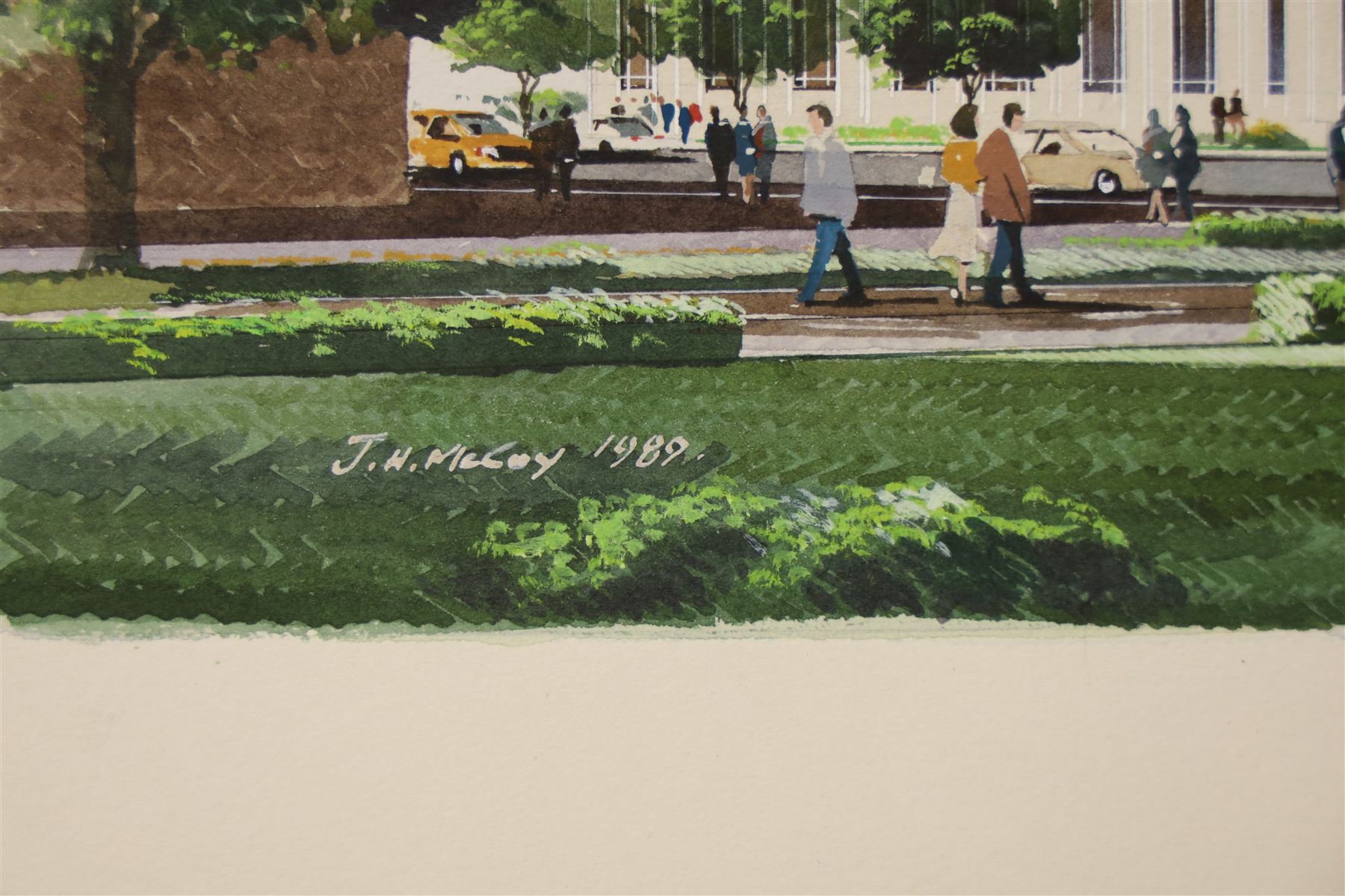 J H McCoy (20th Century): Architectural perspective of Moscow, watercolour heightened with white signed and dated 1989; John S Robinson (British 20th Century): Architectural perspective of a London Building, gouache signed; Architectural perspective of Imperial Chemical Industries Headquarters Slough and an angular interior, two mixed medias unsigned max 54.5cm x 48.5cm (4) (unframed)