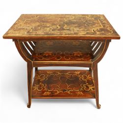 19th century mahogany coal scuttle, shaped raised back carved with shell fan motif, swing front enclosing original removable metal liner with handle, panelled front with cast drop handle, over slatted undertier (H 65cm, W 33cm, D 34cm)
Early 20th century mahogany magazine table, rectangular top and undertier decorated with gilt foliate and scroll marquetry, shaped pierced side rails forming magazine divisions, on square tapering supports (H 70cm, W 71cm, D 45cm)