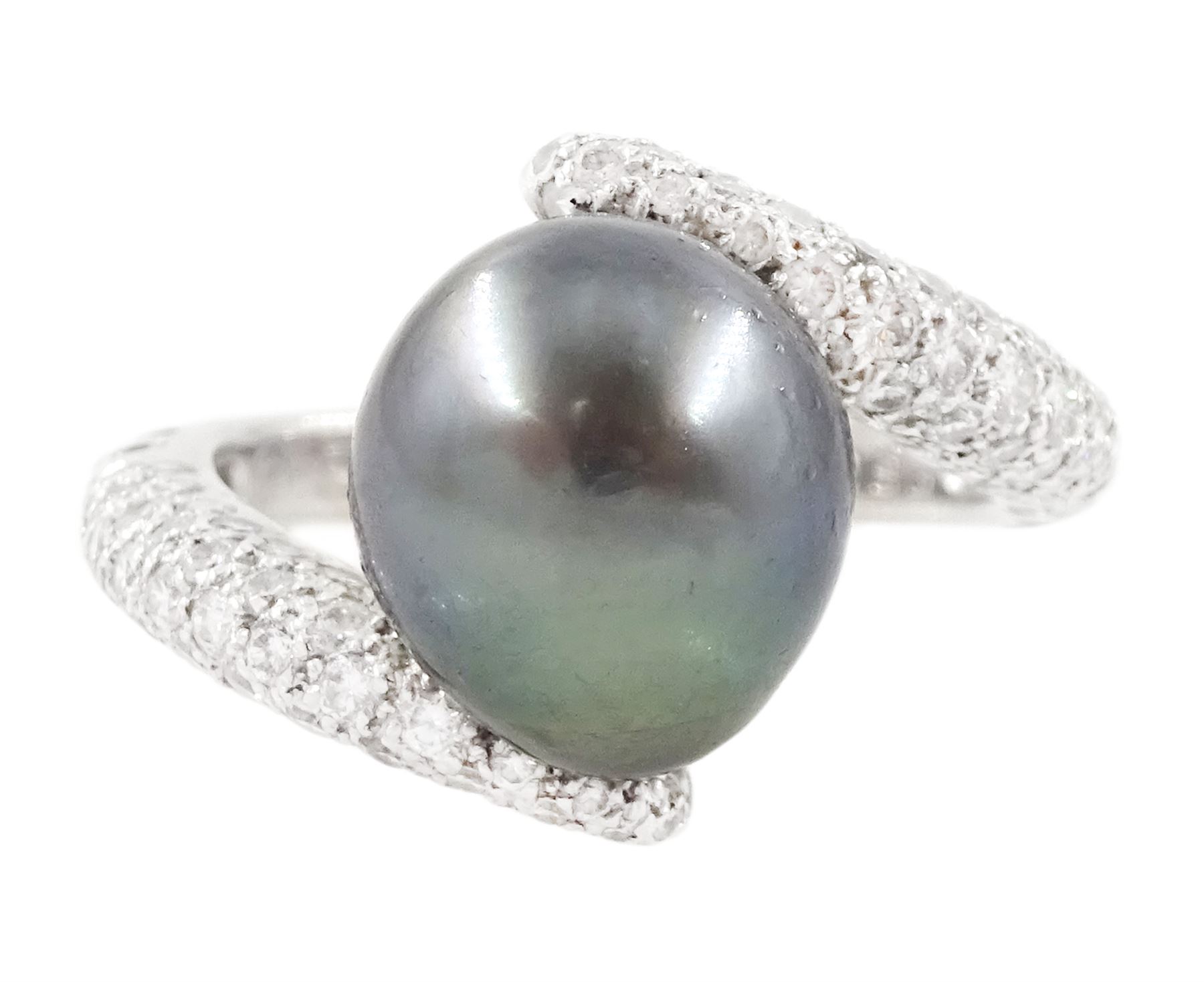 Chanel 18ct white gold pearl and diamond crossover ring, single cultured grey pearl, with pave set round brilliant cut diamond shoulders, hallmarked