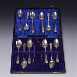 Set of  of six silver coffee spoons and tongs with bright cut decoration Sheffield 1908 Ma...