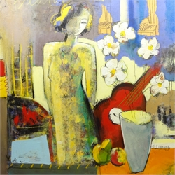  Helen Zarin (Iranian 1970-): Girl with Guitar, mixed media on canvas signed 100cm x 101cm Notes: Born in Shiraz Zarin studied with the well-known Persian artist and teacher, Saber.  She later enrolled in the Art and Culture Society, a national organization for gifted Persian artists.  At university, she refined her skills pursuing a professional career as an artist. Zarin has been recognized by the Iranian Society and earned many national awards for her works. In 1993 she settled in the United States where she continues to work today.  DDS - Artist's resale rights may apply to this lot    