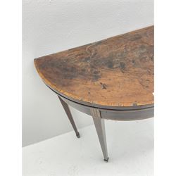 Early 19th century mahogany and satinwood banded demi-lune card table, square tapering supports with spade feet