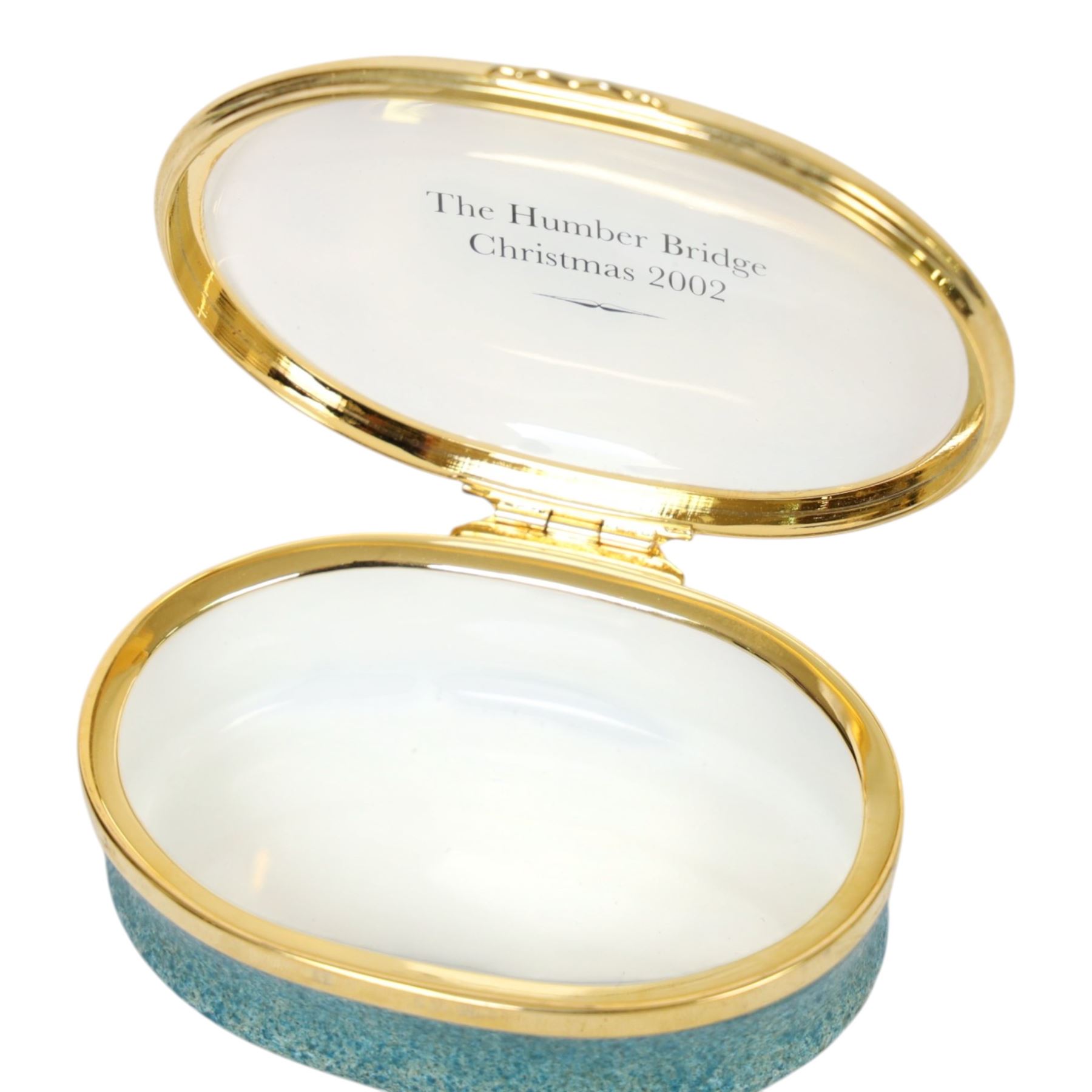 Halcyon Days bespoke commissioned enamel pill box, painted with the Humber Bridge, H3cm