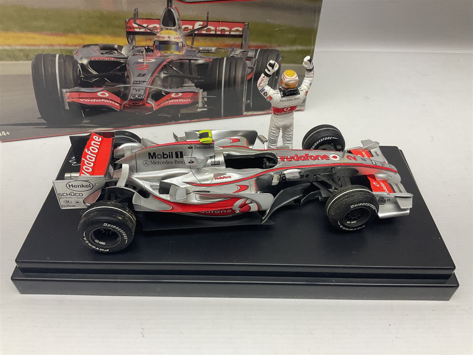 Mattel Hot Wheels 1:18 scale die-cast racing car - Vodaphone McLaren Mercedes; boxed with stand