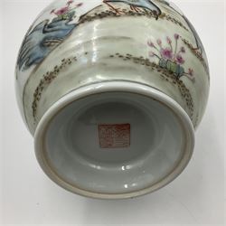 Pair of Chinese Republic porcelain vases, each painted in Famille Rose enamels with pairs of pigeons amidst peony, rock, flowering plants and leafy branches, possibly Qianlong seal beneath, H22cm 