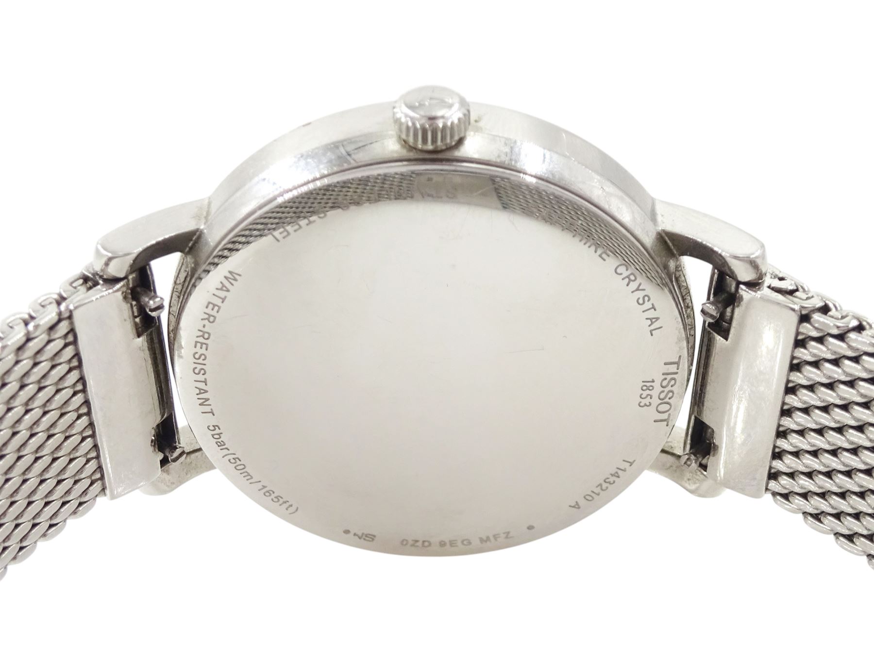 Tissot Everytime ladies stainless steel quartz wristwatch, Ref. 143210, silvered dial with baton hour markers, on integral interchangeable bracelet, boxed