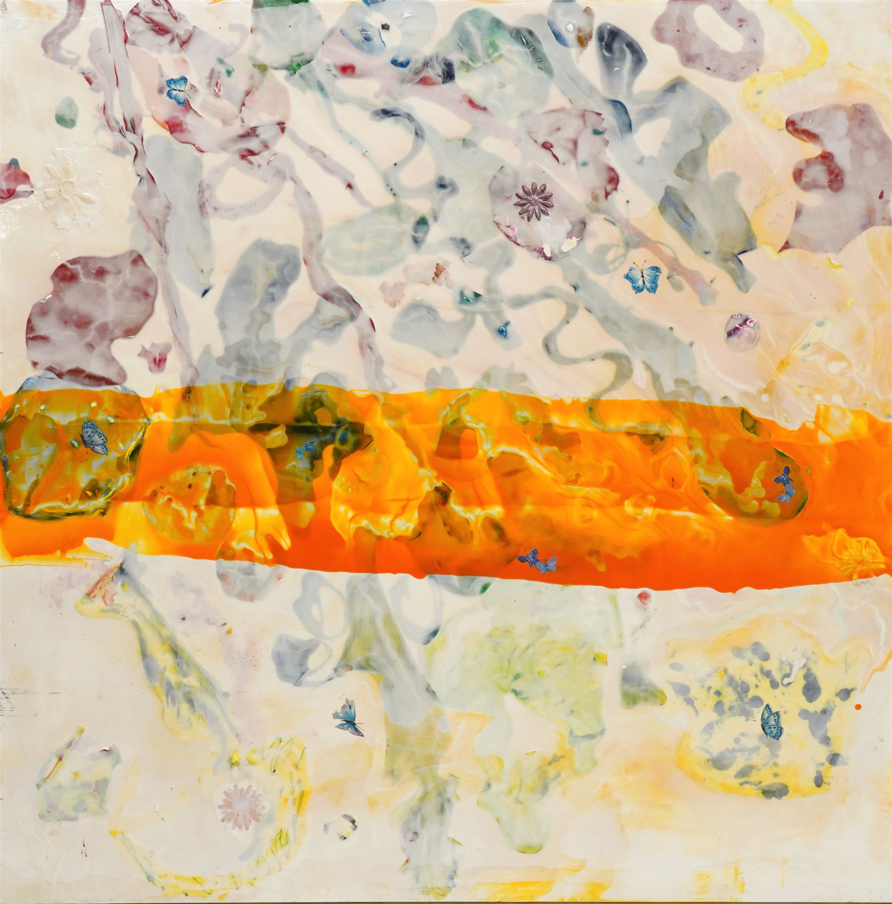 Gillian Ross Kelsey (British 1935-2025): 'Orange Stream', mixed media on board unsigned 117cm x 117cm (unframed)