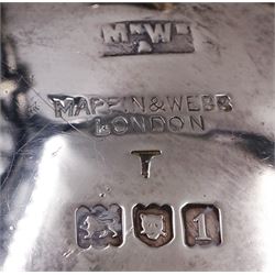 Group of silver, to include Edwardian silver open salt, of circular bellied form, with gadrooned rim, upon three shell feet, hallmarked Mappin & Webb Ltd, London 1906, together with a blank decanter label, repousse decorated with fruiting vines, hallmarked W I Broadway & Co, Birmingham 1995 and five silver pepper shakers, all hallmarked with various dates and makers, etc 