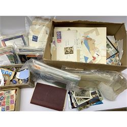 Stamps and postcards including used Queen Victoria penny lilac stamps in bundles, mixed mostly Queen Elizabeth II stamps on pieces, various stamps on covers,  loose World stamps etc, in one box