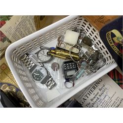 Silk cigarette cards, Lesney trinket box with die-cast chrome car to the lid, together with quantity watch parts, lighter, jewellery, coronation souvenir programme etc