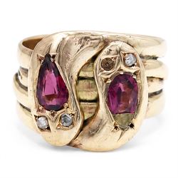 Edwardian 9ct rose gold garnet and diamond double coiled snake ring, set with rose cut dia...