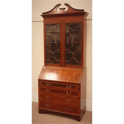  Edwardian inlaid mahogany bureau bookcase, swan neck pediment, astragal glazed doors above fall front enclosing fitted interior and four long drawers, W97cm, H225cm, D47cm  
