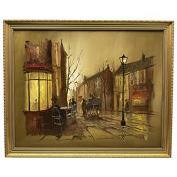 Barry Hilton (British 1941-): Nighttime Street Scene with Horse and Cart, oil on canvas signed 59cm x 74cm
