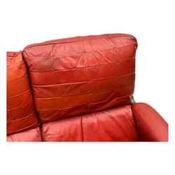 Folke Ohlsson for Gimson & Slater - mid-20th century Danish teak-framed sofa, red leather upholstery with patchwork design, raised on shaped teak side supports