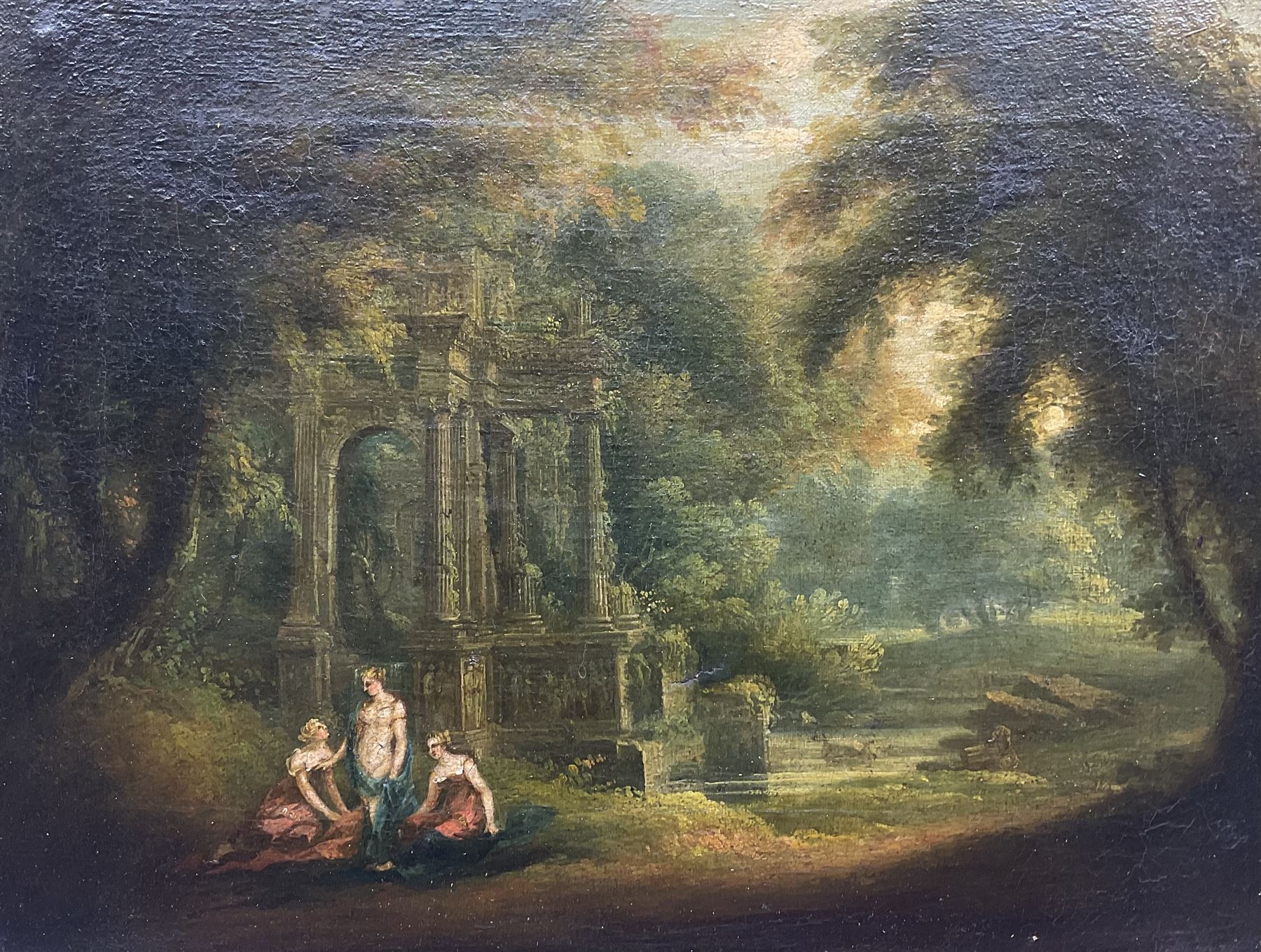 Manner of John Wootton (British 1686-1764): 'The Graces' in an Italianate Landscape, oil on canvas unsigned, titled verso 24cm x 31cm 