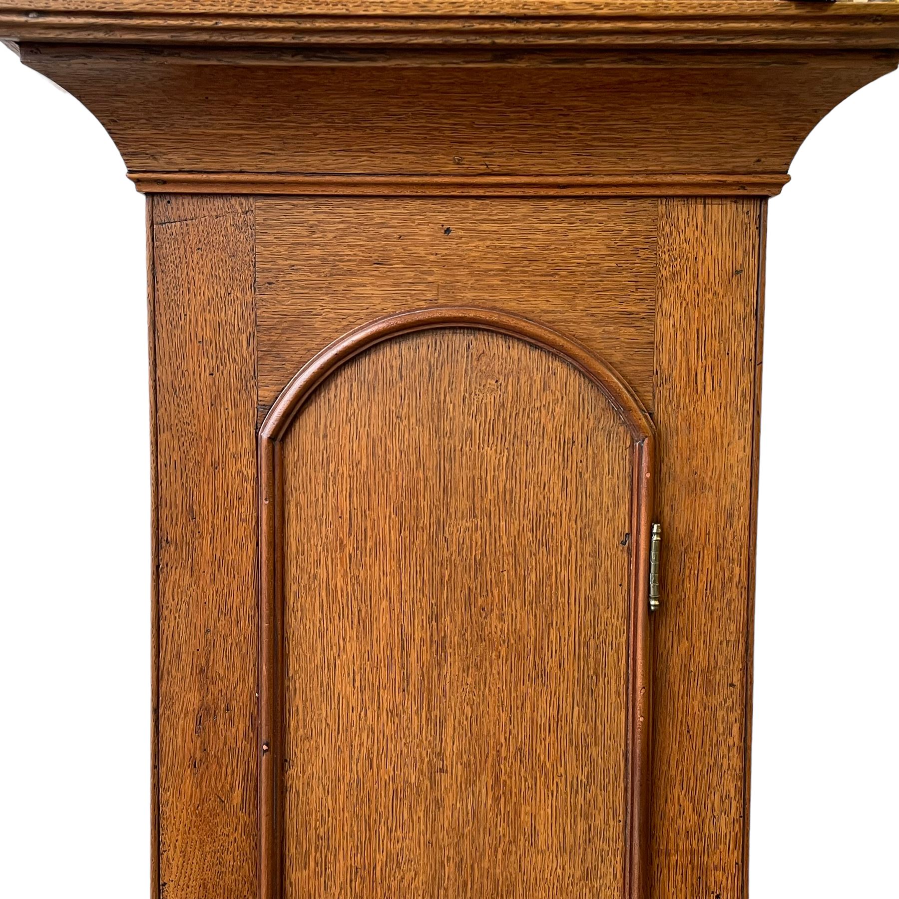 William Gostling of Diss  (Norfolk)-  Late 18th century 8-day oak longcase clock c1780-90, break arch top with scalloped cresting and three brass finials, glazed break arch hood door flanked by turned pilasters with brass capitals, trunk with a long trunk door and rounded top on a square plinth with an applied and shaped skirting, early painted Wilson of Birmingham dial with Roman numerals and five minute Arabic's, matching steel hands and second pointer, arched square ended calendar aperture with date disc behind, floral spandrels within gesso borders and a painted rocking automaton representing Mercury to the break arch, dial pinned via a false plate to a weight driven rack striking movement with a recoil anchor escapement, striking the hours on a cast bell. With pendulum weights and key. 
William Gostling (II) is recorded as working in Diss from 1774 to 1797, succeeded by widow Anne and son George . The dial of this clock is illustrated and discussed in detail in M.F. Tennants book 