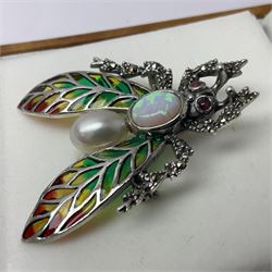 Silver plique-a-jour, marcasite, opal and pearl bug brooch, stamped 925, boxed