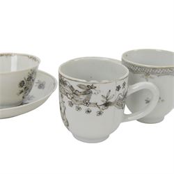 18th century Chinese export grisaille cup, decorated with Juno, the Roman Goddess of marriage together with another similar tea bowl and other grisaille decorated chinse ceramics