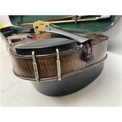 German Hopf violin c1900 with 35.5cm two-piece maple back impressed HOPF, maple ribs and spruce top, also marked HOPF internally L58.5cm overall; in Maidstone ebonised wooden coffin case with bow