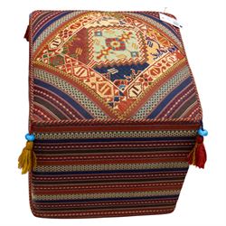 South West Persian Qashqai stool, square flatwoven top with central geometric medallion enclosed within a stepped border the sides decorated with striped bands of geometric motifs with tasselled corners 
