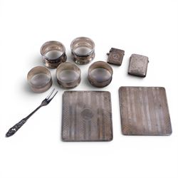 Collection of silver, including napkin rings, two vest cases, cigarette case covers and sc...