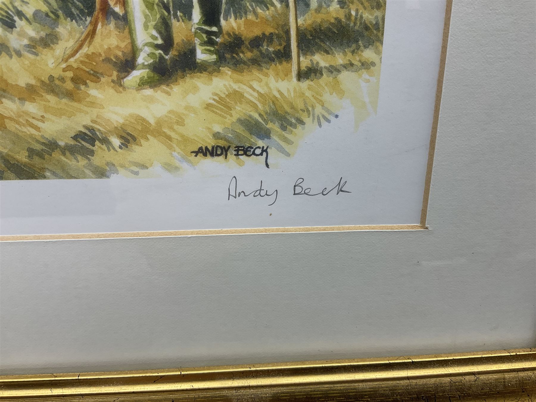 Five limited edition framed coloured prints of shooting interest comprising after C. Stanley Todd game birds taking flight in a mountainous lake landscape no.348/600; after J.C. Harrison game birds in flight over fields no.285/500; after Alan B. Hayman  'A Right and Left?' no.398/850; after Andy Beck 'Pheasant Drive' no.56/350; and after Leo Stans 'Autumn Air'; all signed on the mount; various frames (5)
