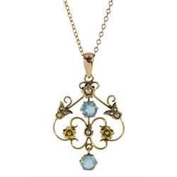 Edwardian gold blue stone and split pearl pendant stamped 9ct, on later gold chain hallmarked 9ct