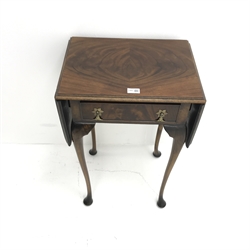 Early 20th century mahogany occasional drop leaf side table, single drawer, cabriole legs on pad feet, W90cm, H73cm, D36cm